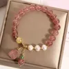 Strand Natural Strawberry Lotus Flower Pink Crystal Pendant Bracelet