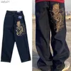 Men's Jeans Men's Jeans Vintage Embroidered Dragon Print Mens Oversized Y2K Pants Hip Hop Streetwear Wide Leg Skateboard Holes Loose L230520