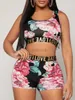 Women's Tracksuits LW Sexy Two Pieces Summer Crop Top Floral Letter Print Shorts Set Scoop Neck Tape Panel Tank Biker Shorts Matching Suits Y23