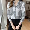 Kadın bluzları Fransız klasik geometrik çizgili baskılı saten bluz kadınlar düşme 2023 ağır ipek gömlek uzun kollu