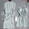 Indumenti da notte da donna Estate Femminile Twinset Robe Set Sexy Patchwork Pizzo Backless Camicia da notte Accappatoio Abito in raso di seta allentato Homewear Lounge Wear