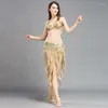 Scenkläder Pearl Tassel Bellydance BRA BAME kjol Belly Dancing Costumes Women Sexig 3 PCS Set Dancer Clothes Gold