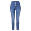 Jeans da donna Plus Size Stretch Women Hole Denim Bottoni a vita alta Pantaloni femminili Slim Elastic Blue Skinny Pencil