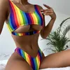 Damenbadebekleidung Regenbogen-Badeanzug Frauen Sexy Bikini Set Push-up-BH Tanga G-String Zwei Stücke Bademode Beachwear-Badeanzug Femme Y23