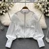 여자 재킷 가을 가을 봄 지퍼 코트 여자 달콤한 레이어 층 주름 Harajuku 느슨한 대형 흰색 랜턴 슬리브 폭격기 상판