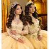 Gold Lace -applikationer Sweet 16 Princess Quinceanera klänningar Långärmar Tulle Formell tävlingsbollklänning för Girls Vestidos de Anos Robe 322