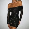 Vestidos casuais Slash pescoço clube de corpo vestido corporcão mulheres sexy fora de malha de malha feminina manga longa slim quadril mini sequnis preto