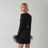 Casual Dresses Love Aing Women's Long Sleeved Feather Rose Black Blue Spring and Autumn Style Chest Cup Party V-ringklubb Sexig bandage