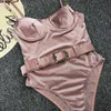 Gossina 2021 Push Up One Piece Swimsuit Women Belt Swimewear Solid Summer Beach Wear Sexig baddräkt Slimming Velvet Bodysuit AA230524