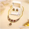 Earrings Necklace Set Boho Retro Golden For Women Luxury Mticolor Gemstone Tiny Zircon White Beads Pendant Jewellery Sets Dhgarden Dhn9V