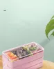 Boîte à bento en plastique de blé à trois couches pour étudiant et adulte avec boîte à lunch de type carré pour couverts