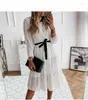 Casual jurken 2023 Eenvoudige o-neck witte polka dot lange jurk dames mode mouw chiffon feest lente zomerkleding