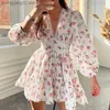 Robes décontractées femmes printemps/été décontracté doux imprimé col en v fée robe dentelle robe courte femmes T230524