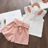 Kledingsets beren leider Kid Kid Baby Girls Feather Cloths 2023 Zomer mouwloze tops Bandage Shorts Fashion Mooie 2 7 jaar 230523