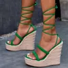 Sandales tissage tresse compensées femmes cheville Wrap à lacets plate-forme chaussures compensées bout ouvert noir vert à lanières