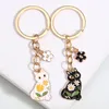 1set(2pcs) Cute Enamel Keychain Flower Cat Key Ring Animal Key Chains Souvenir Gifts For Couple Lovers DIY Handmade Jewelry