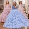 Fille Pageant Robes Tiere Fleur Filles 2023 Bébé Bleu Volants Robe De Bal Perle Enfants Formelle Demi Manches Princesse Enfant Spécial Ocn D Dh0Vt