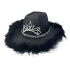 Bérets Coupe-Vent Plume Bord Fedora Chapeaux Pour Femme Hommes Tissu Épais Cowboy Chapeau Avec Poudre Scintillante Western Jazz Feutre
