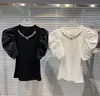 Women's T Shirts Shining Rhinestone Flower Neckline Puff Short Sleeve Tshirt Elegant Socialite Black And White T-shirt 2023 Summer Casual