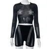 Hot Sell Sexy Womens Fashion Suits Summer New Mesh Perspective Borr Black Long Sleeve Top Shorts Casual Pants