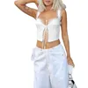 Women's Tanks Spewahor Women White Lace Trim Sleeveless Crop Tops Summer Sexy Low Cut Collar Bandage Cardigan Backless Vest