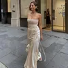 Work Dresses Elegant Satin Dress Set Women Fashion Strapless Crop Top Two Piece Maxi Skirt Suit Summer Sexy Bodycon Evening Party Outfit