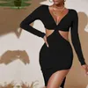 Casual Dresses Autumn Sexy Hollow Out V-neck Solid Color Dress For Women Long Sleeves Clothing Low-cut Cutout Tight-fitting Design Party