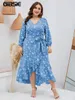 Tops GIBSIE Plus Size V Neck Print Long Dress Women Autumn Holiday Beach Casual Sweet Ladies Asymmetrical Ruffle Hem Belted Dress