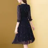 Dress Sweet Bow Starry Sky Print Dress Summer 2023 Three Quarter Petal Sleeve Ruffled Neck Chiffon Pullover Midi Dress Womens Clothing