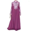 Ethnic Clothing Wepbel Flower Floral Print Swing Dress Abaya Women Ramadan Wear Long Sleeve Muslim Stand Collar Robe Caftan Style