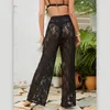 Capris Womens Sheer Mesh Cover Up Pants High Waist Sexy Hollow Out Floral Lace Bikini Bottom Wide Leg Beach Palazzo Trousers