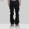 Jeans da uomo Jeans da uomo Moda Svasato Strappato Distressed Streetwear Pantaloni di jeans neri Nastri lunghi Trend Uomo L230520