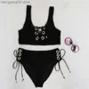 Kvinnors badkläder 2021 Black White Lace Bandage High midjen Swimsuit Bikini Set Sexig solid Bikinis Suit Women Push Up badkläder Banting Suit Swim T230524
