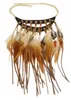 Chokers handgjorda indiska festliga månformade läderkedja brun fjäder tofs choker halsband bohemiska långa tofs uttalande halsband 230524