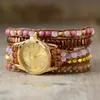 Bangle Creative 5 Strand Fancy Pink Jasper Stones Crystal Quartz Watch Wrap Beaded Wristwatch Bracelet Women Sister Bohemia Jewelry