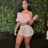 Chándales de mujer Echoine Pink Feather Strapless Crop Top y pantalones cortos Sheer Mesh Fishnet Conjunto de dos piezas Trajes Party Night Clubwear Summer C