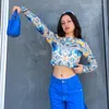 T-shirts pour femmes Y2k Frill Mesh Sheer Crop Top À Manches Longues Abstrait Imprimé Bleu Graphique Streetwear Femmes Vêtements