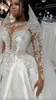 2023 Sexy Bling A Line Wedding Dresses Silver Crystal Beads One Shoulder Satin Illusion Long Sleeves Side Split Overskirts Satin Ball Gown Bridal Dresses Custom