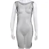 Women's Swimwear Women Sexy See Through Rhinestone Dress Mesh Fishnet Hollow Out Beach Bikni Swimsuit Cover Up For Party Summer Pool Gift