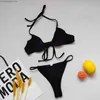 Dames badmode 2022 Sexy vrouwen 2 stks bikini pak splitstijl open v-neck halter tops met zijdie driehoekige bodems duwen opgevulde zwempak t230524