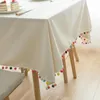 Nappe de table Tissu de lin en coton uni naturel Pompon de taureau flou coloré