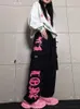 Jeans Femme Rétro Multi-Poches Noir Rose Rose Imprimé Salopette Pantalon Personnalité Féminine Rue Hip-Hop Lâche Casual Danse Pantalon De Sport Y23