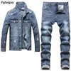 Ripped Slim Fit Mens Denim Two Piece Set Hole Long Sleeve Jacket and Stretch Jeans Male Casual Vintage Ropa Hombre Cargo Suit