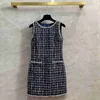 Sukienki z pasa startowego projektant francuska cekinowa tkana z koralikami Tweed Shleeless sukienka szykowna niebieska kamizelka z kratą starzenie się 9o2p