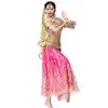 Stage Wear Belly Dance Outfits Bollywood Kostuum Hoogwaardige borduurwerk Sari 4pcs/Set Top Belt Rok