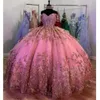 Shoudler Glitter Rosa Off Quinceanera Dress 2023 Appliques di pizzo Perline Festa di compleanno di cristallo Abiti da 15 Anos Corsetto Abiti da ballo