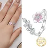 Cluster Rings Trendy 925 Sterling Silver Pink Cherry Blossom Opening Summer Ring Enamel Flower Adjustable For Women CZ Fine Jewelry