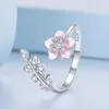 Klusterringar Trendiga 925 Sterling Silver Pink Cherry Blossom Öppning Sommarring Emaljblommor Justerbar för kvinnor CZ Fina smycken