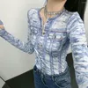 女性用Tシャツ2023SS夏の女性高品質の青いプリントスリム長袖Tシャツ女性シックタンクトップDDXGZ2 5.09