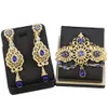 Sunspicems Золото -цветовая ювелирные изделия для невесты для женщин, кафтан -брошь булавки с длинными серьгами синий кристалл арабский цветок биджу